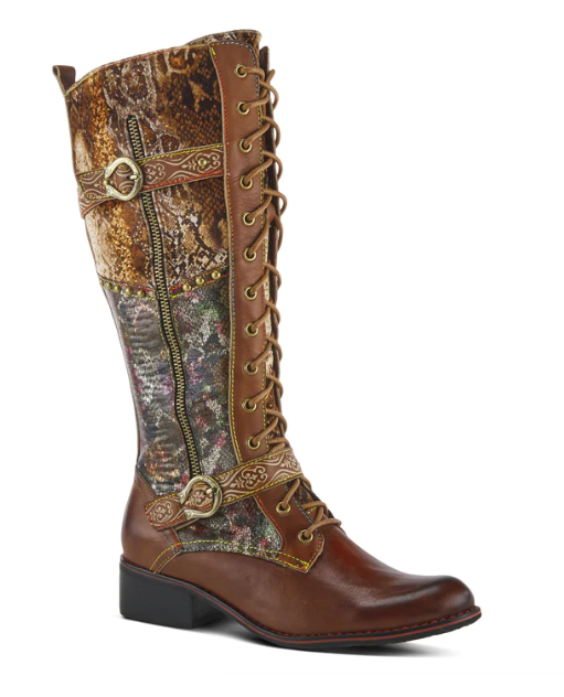 L Artiste Vaneyck Tall Western Boot 40 Brown Multi Leather Rubber by L Artiste Shoes