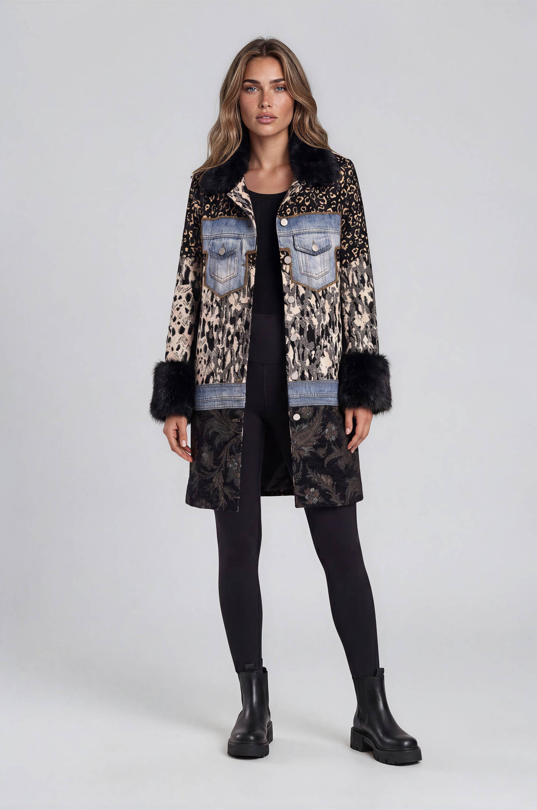Adore Mixed Media Faux Fur Trim Jacket front view