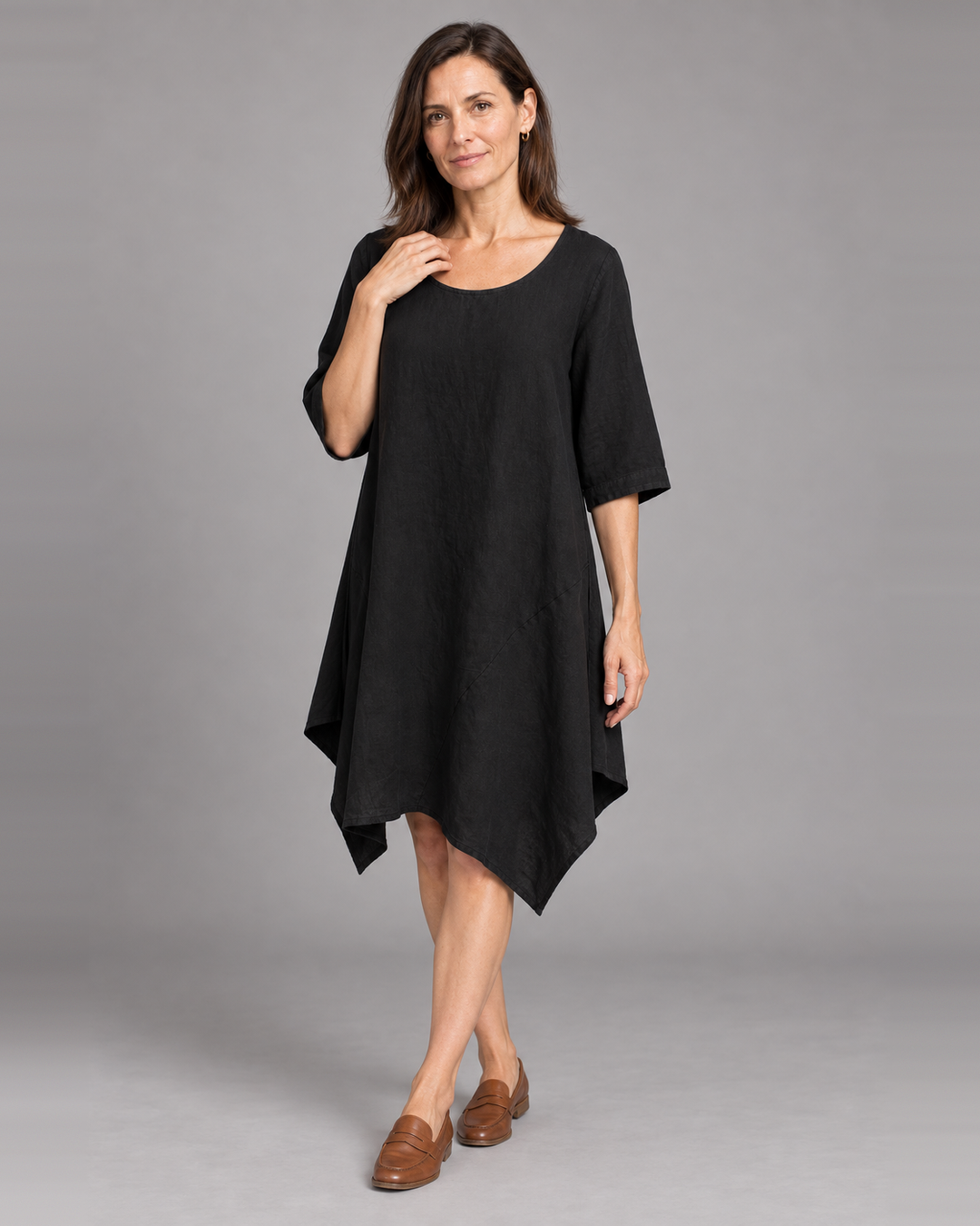 Bryn Walker Naida Tunic Dress in Black, light linen, front view on model