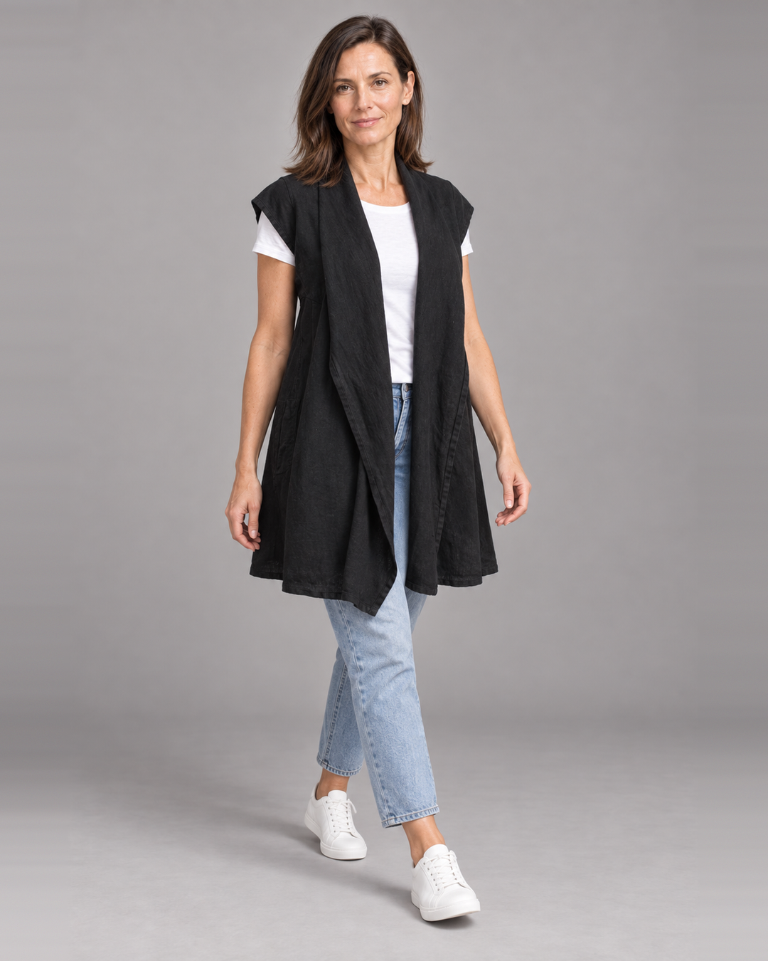 Bryn Walker Marcella Vest in Black, heavy linen, front view on model