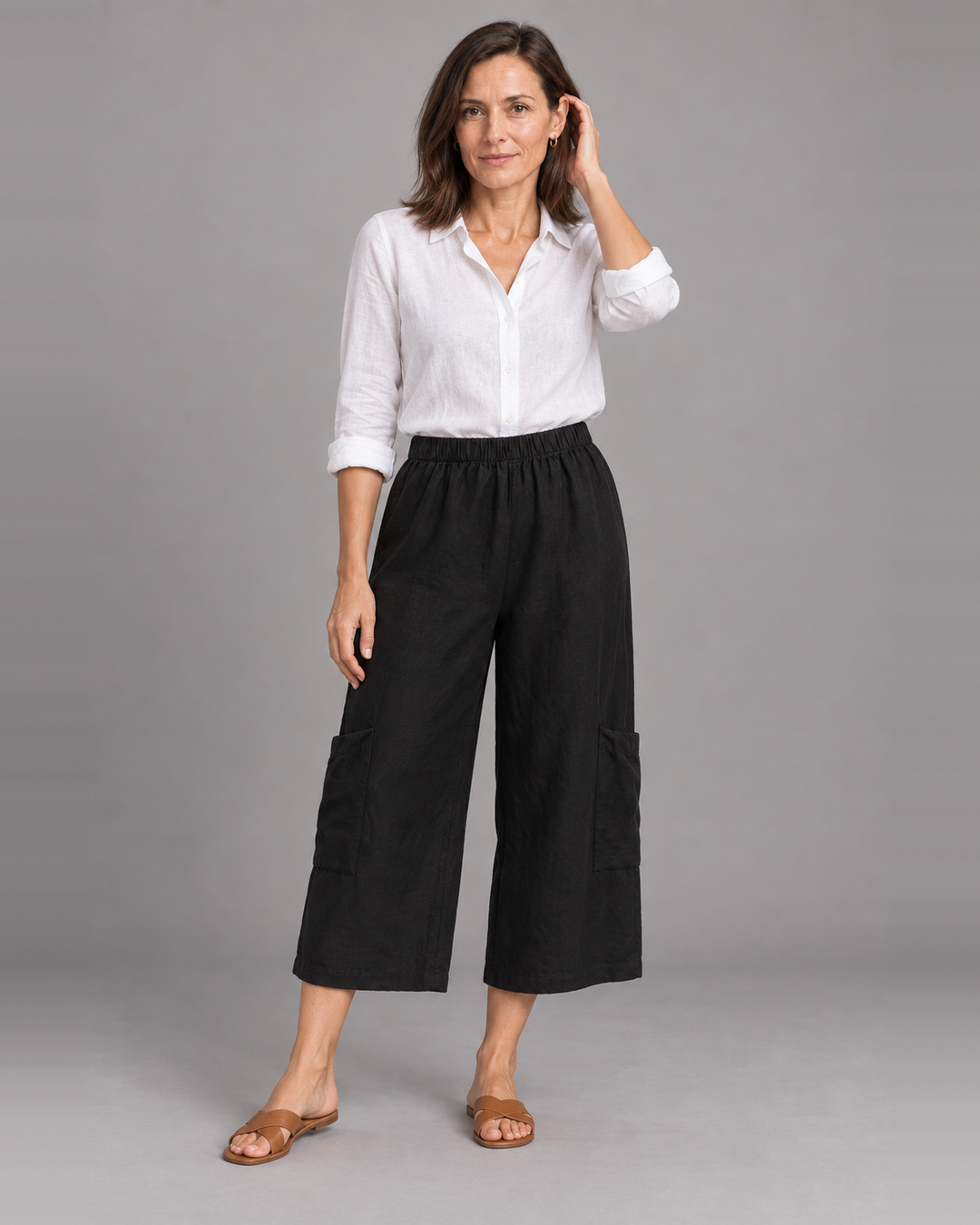 Bryn Walker Casbah Pant in Black, light linen, front view on model