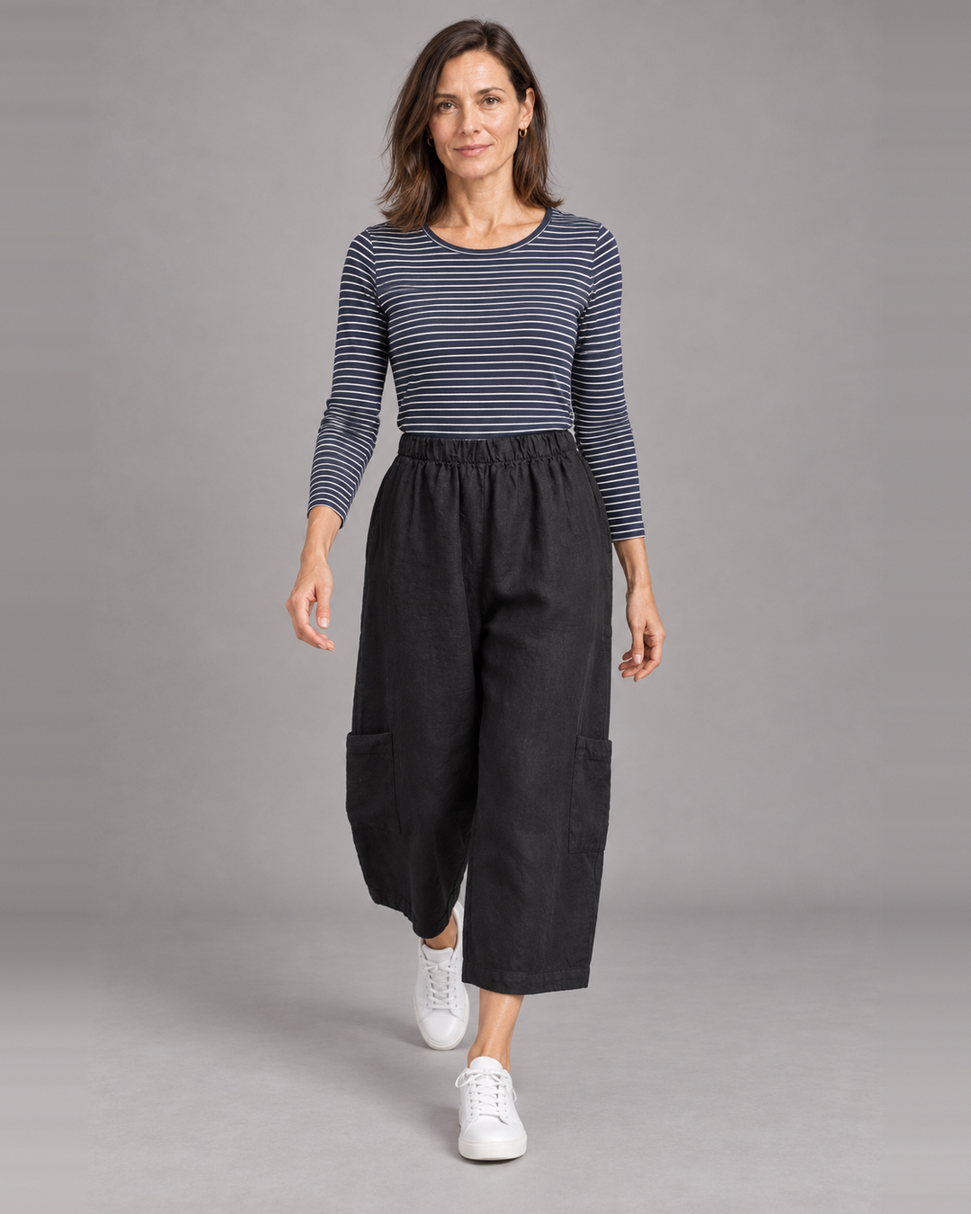 Bryn Walker Casbah Pant in Black, heavy linen, front view on model