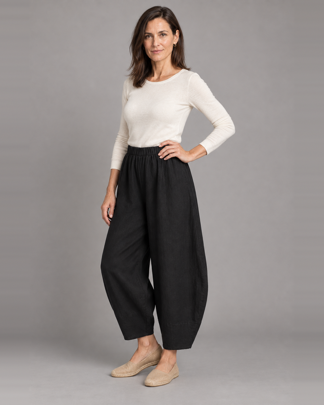 Bryn Walker Oliver Pant in Black, heavy linen, front view on model