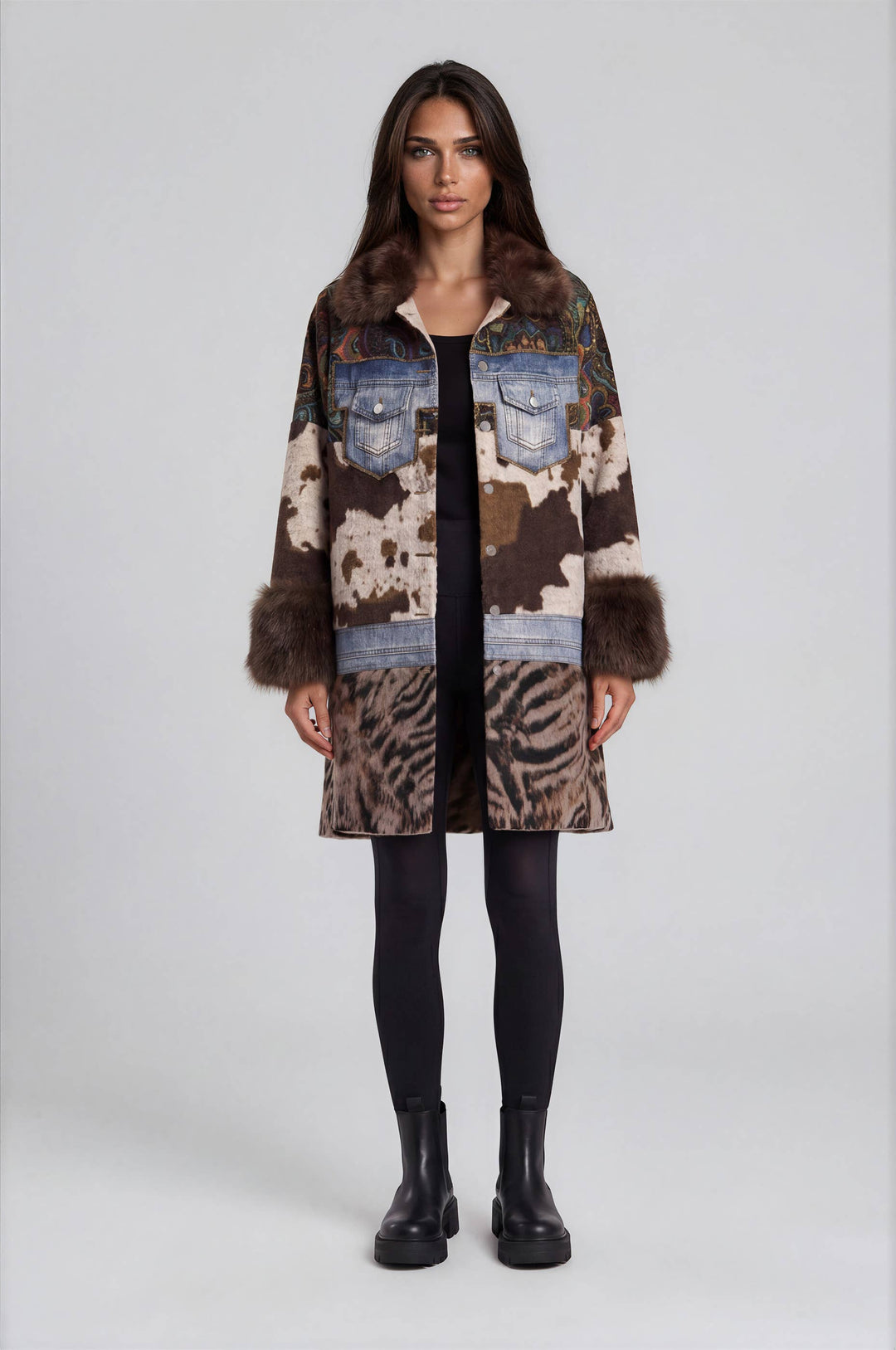 Adore Mixed Media Faux Fur Statement Coat detail view