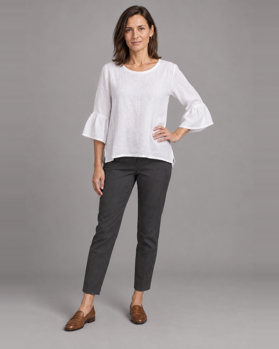 Bryn Walker Fran Shirt in White, light linen, front view on model