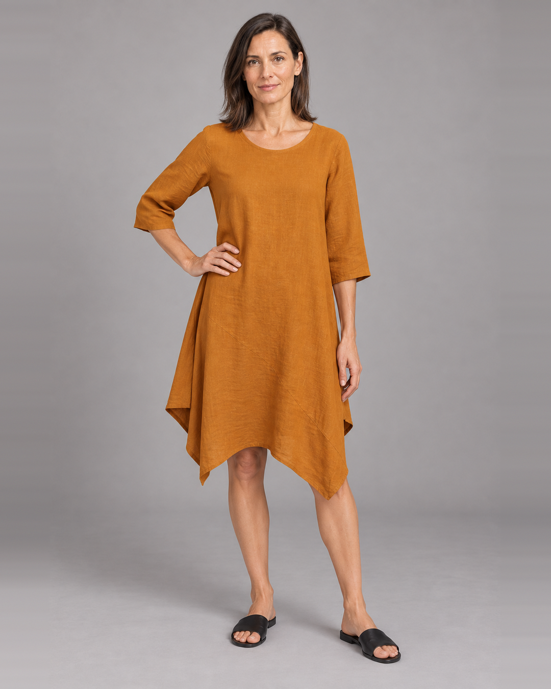 Bryn Walker Naida Tunic Dress in Persimmon, light linen, front view on model