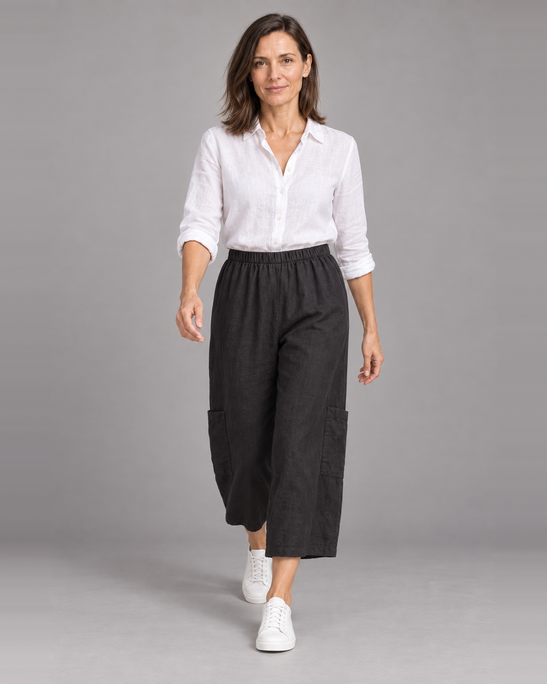 Bryn Walker Casbah Pant in Nave, light linen, front view on model
