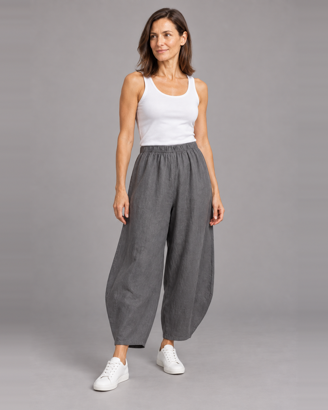 Bryn Walker Oliver Pant in Mooring, light linen, front view on model
