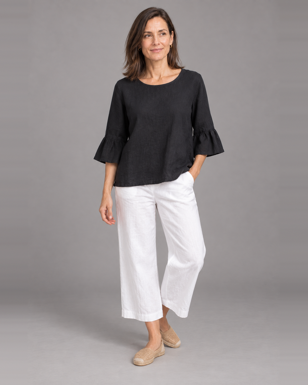 Bryn Walker Fran Shirt in Black, light linen, front view on model