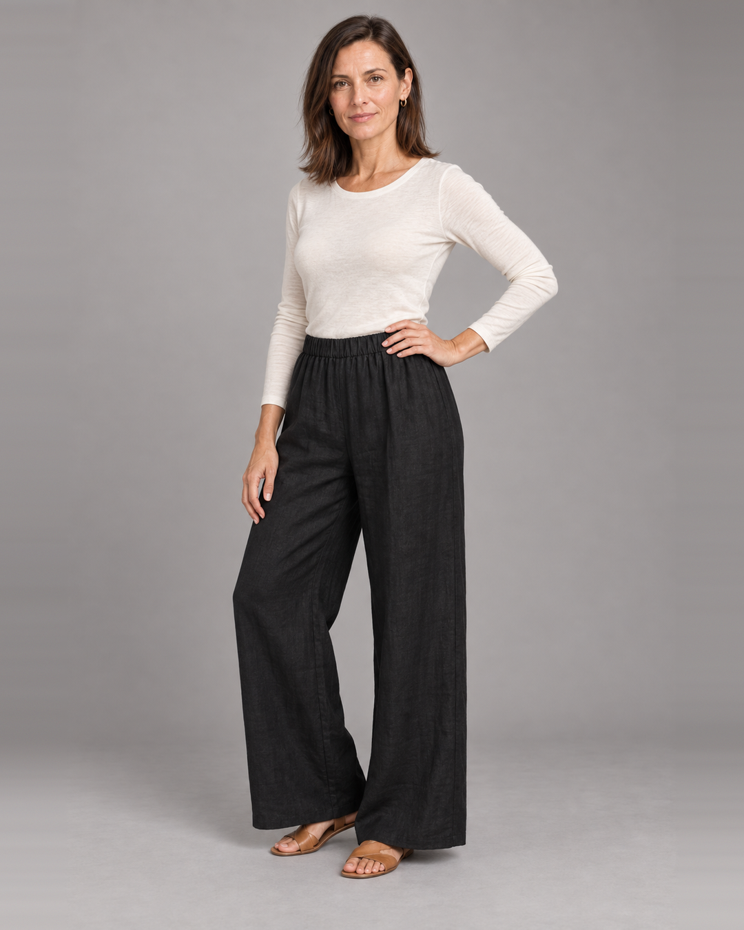 Bryn Walker Osca Pant in Black, light linen, front view on model