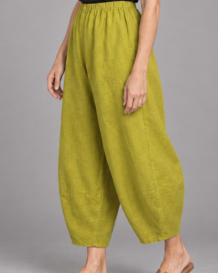 Bryn Walker Oliver Pant in Olio, heavy linen, detail view on model