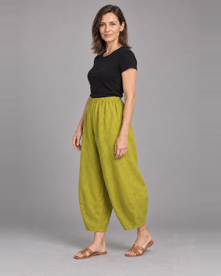 Bryn Walker Oliver Pant in Olio, heavy linen, front view on model