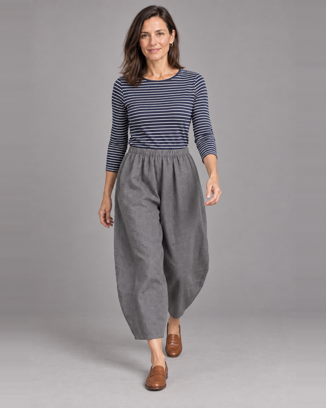 Bryn Walker Oliver Pant in Grayling, heavy linen, front view on model