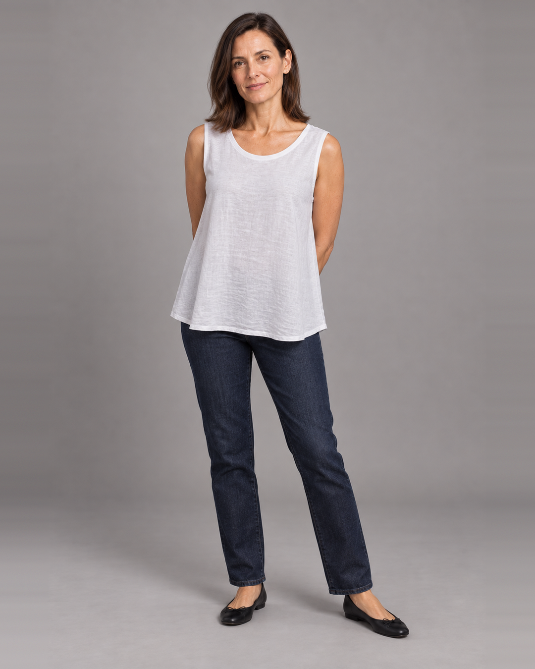 Bryn Walker Huxley Tank in White, light linen, front view on model