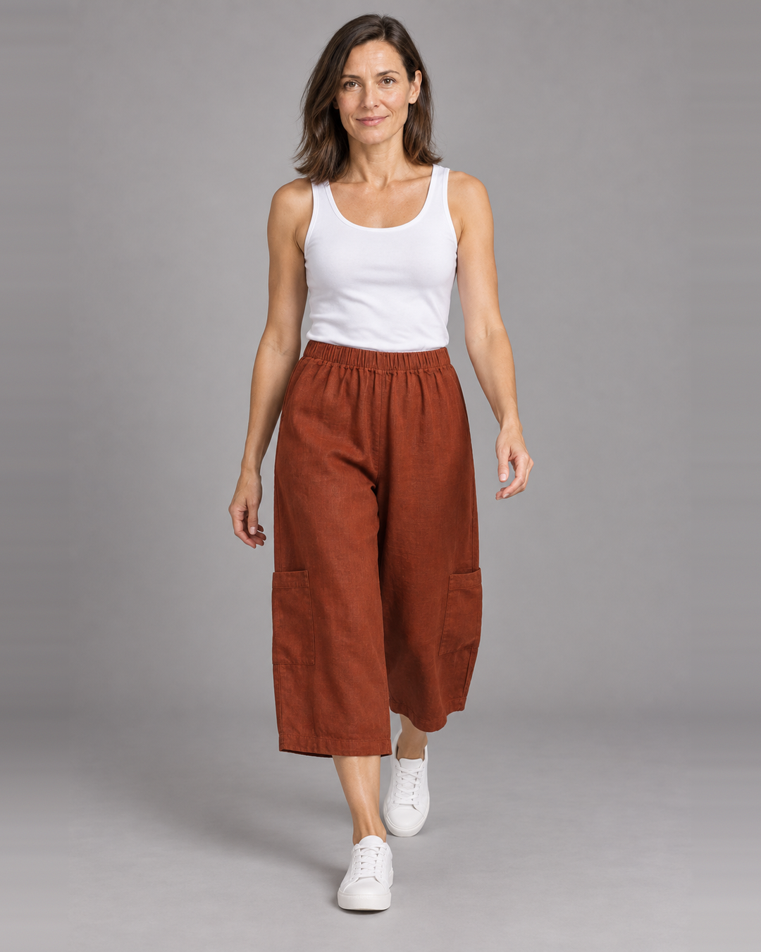 Bryn Walker Casbah Pant in Hearth, heavy linen, front view on model