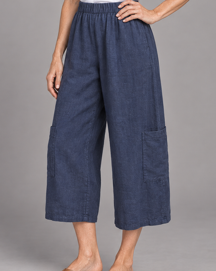 Bryn Walker Casbah Pant in Orion, heavy linen, detail view on model