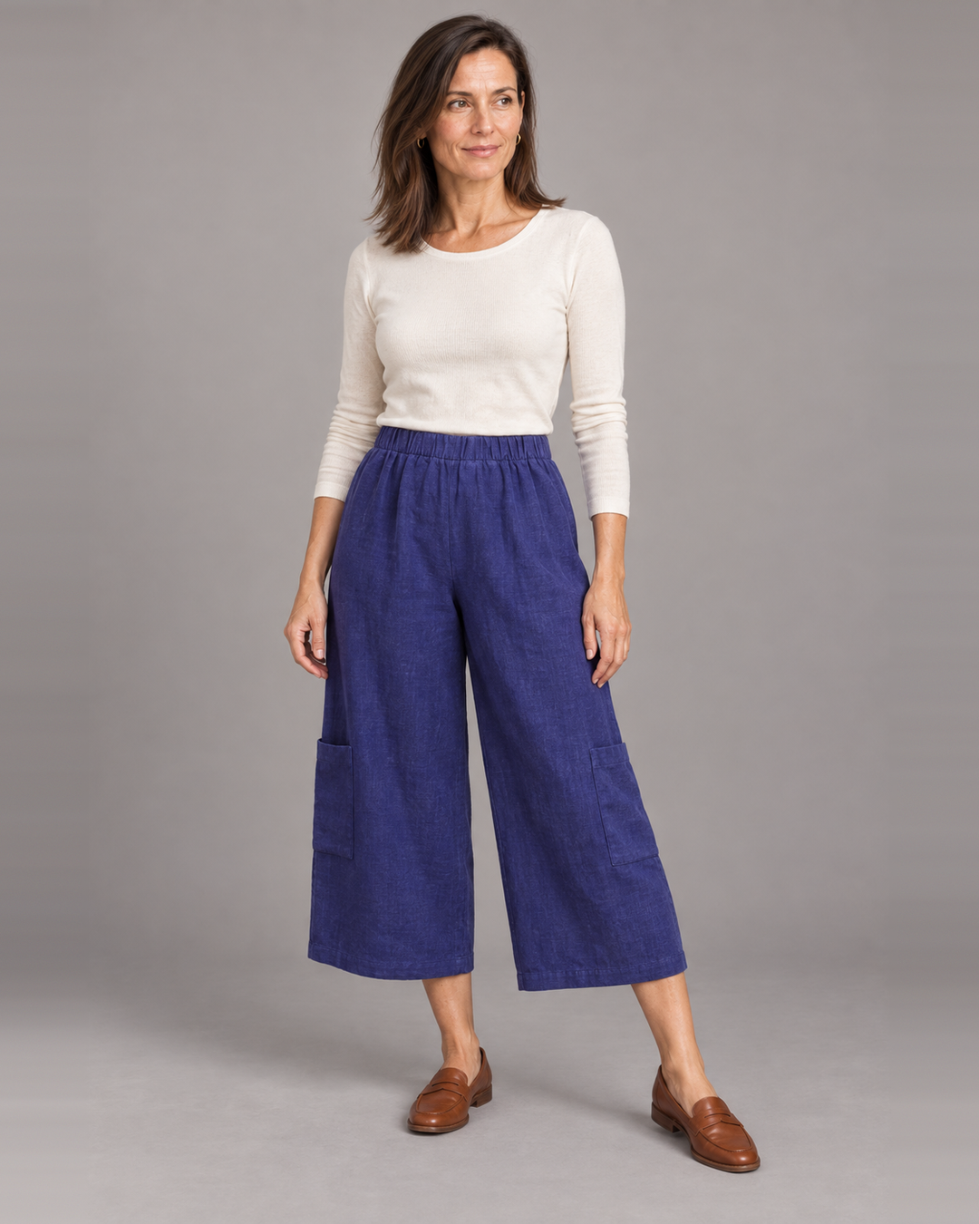 Bryn Walker Casbah Pant in Ursa, heavy linen, front view on model
