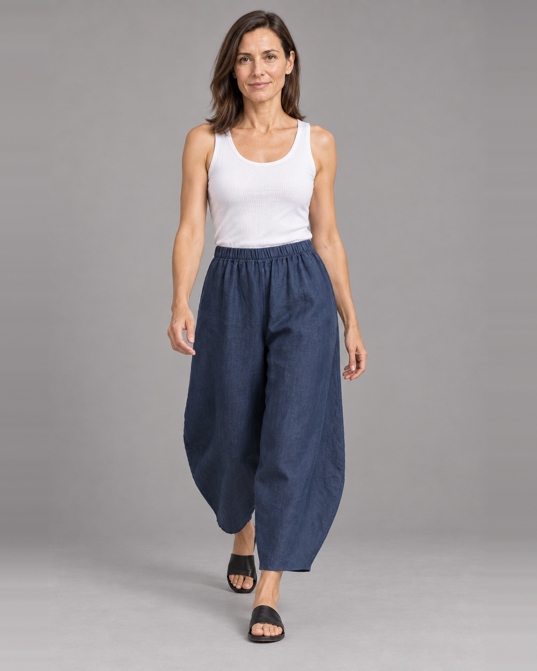 Bryn Walker Oliver Pant in Orion, heavy linen, front view on model