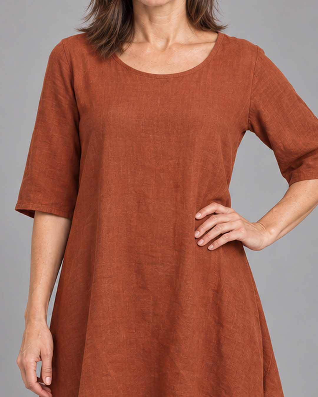 Bryn Walker Naida Tunic Dress in Hearth, light linen, detail view on model