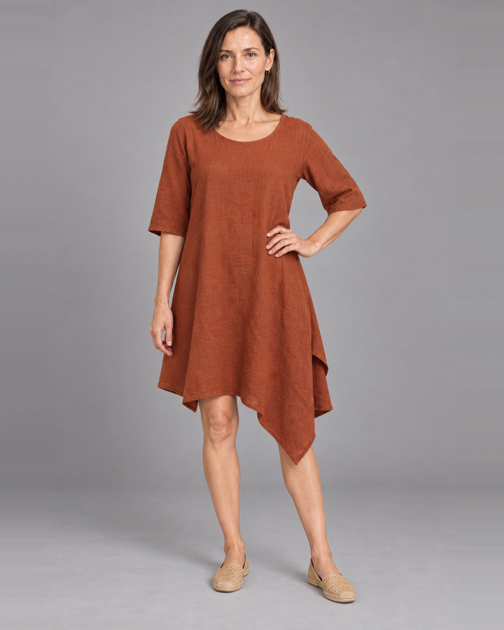 Bryn Walker Naida Tunic Dress in Hearth, light linen, front view on model