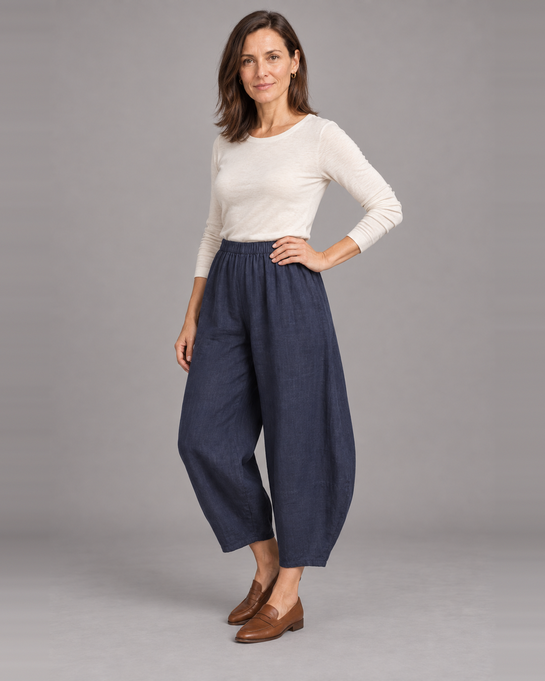 Bryn Walker Oliver Pant in Orion, light linen, front view on model