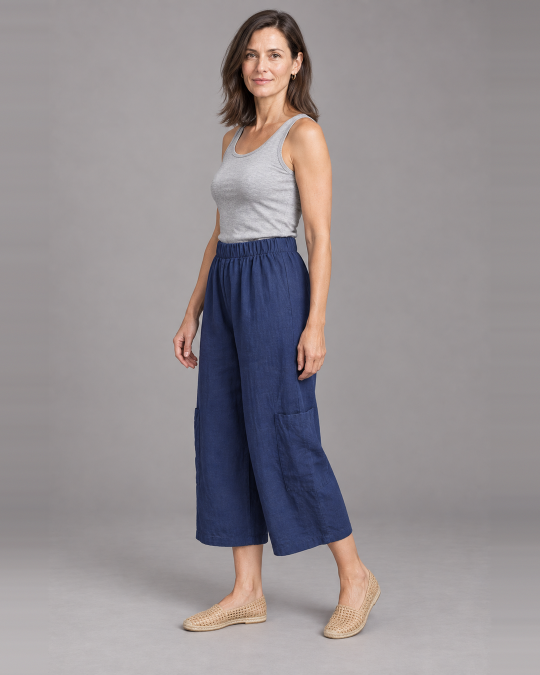 Bryn Walker Casbah Pant in Dewberry, light linen, front view on model