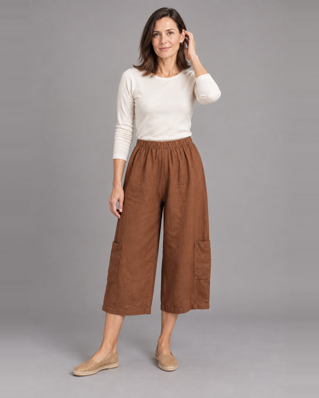 Bryn Walker Casbah Pant in Noci, light linen, front view on model