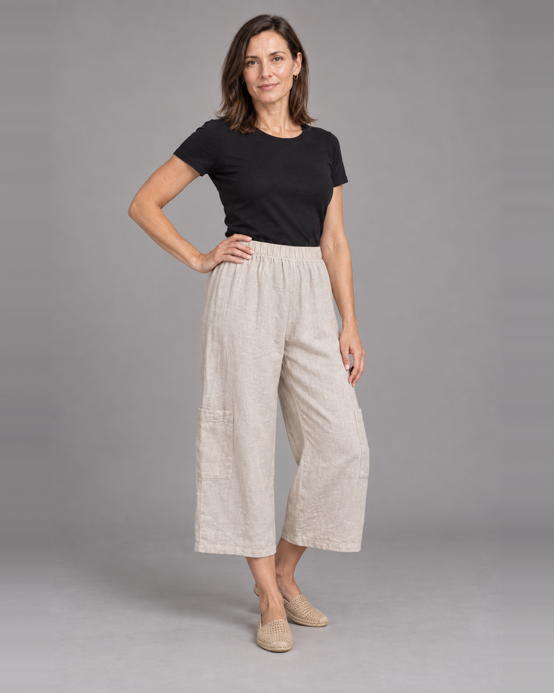 Bryn Walker Casbah Pant in Tapioca, light linen, front view on model