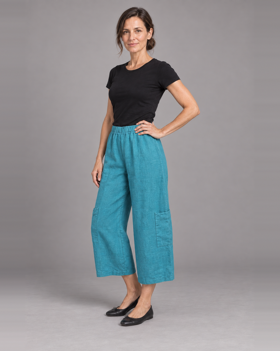Bryn Walker Casbah Pant in Garda, heavy linen, front view on model