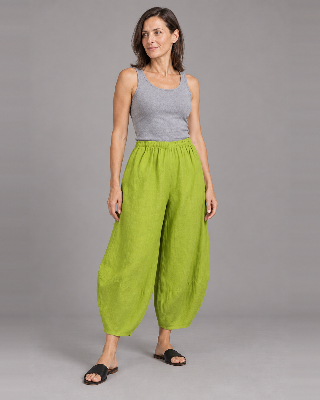 Bryn Walker Oliver Pant in Vireo, light linen, front view on model