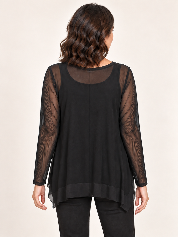 Back view, Kozan Memphis Top in Black, sheer black mesh layering top