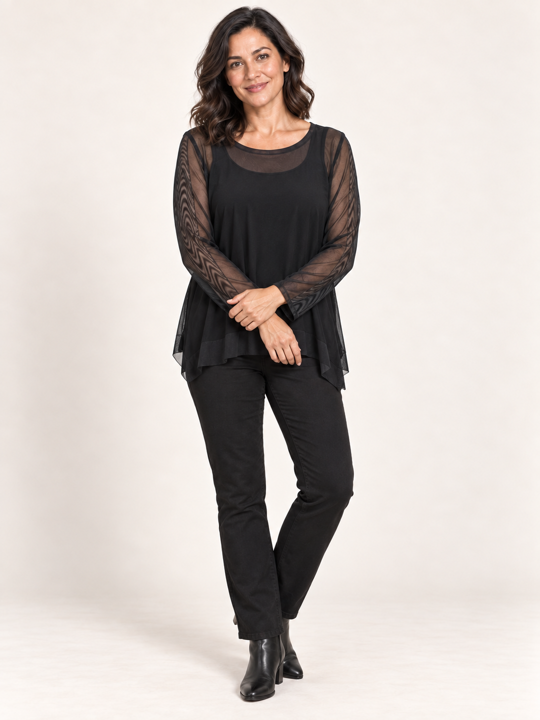 Kozan Memphis Top in Black, sheer mesh pullover layering top with mesh sleeves