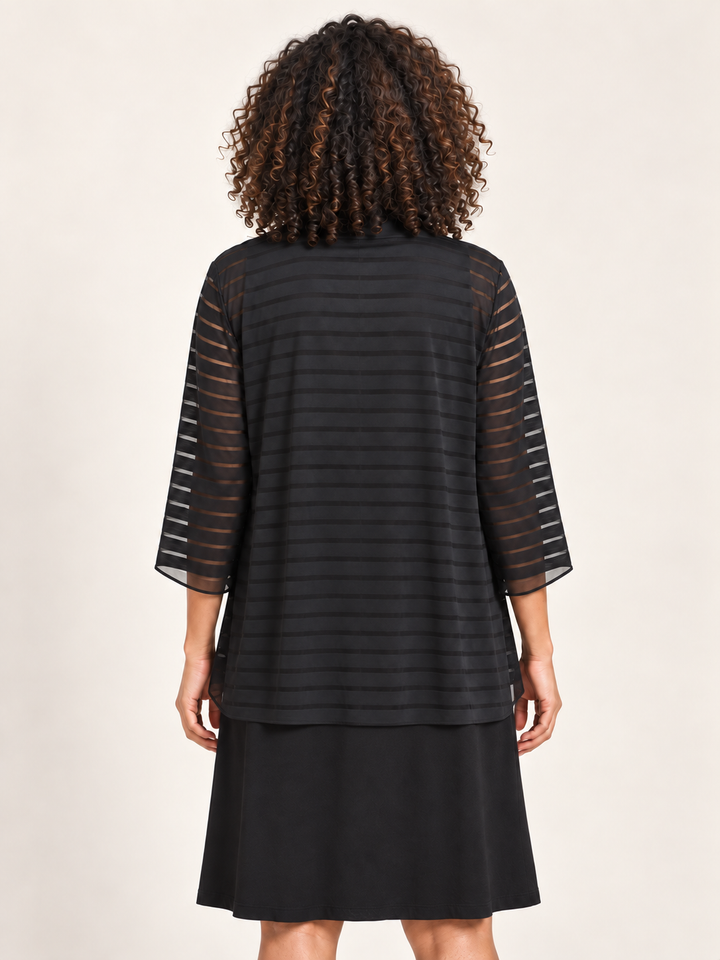 Back view, Kozan Melanie Jacket in Shade, sheer black stripe open front cover up