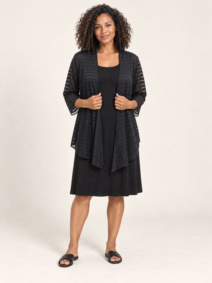Kozan Melanie Jacket in Shade, sheer stripe open drape front cover up with elbow sleeves
