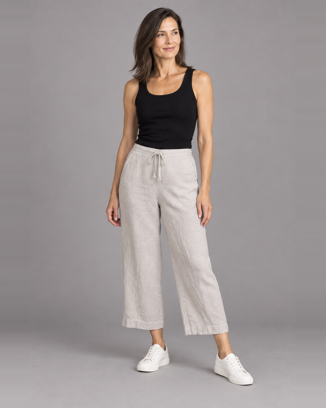 Bryn Walker Saba Pant in Tapioca, light linen, front view on model
