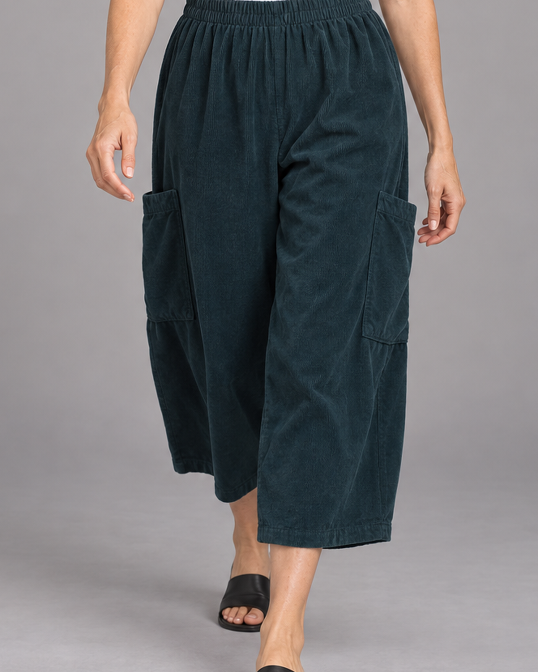 Bryn Walker Pasha Pant in Lyrebird, granada corduroy, detail view on model
