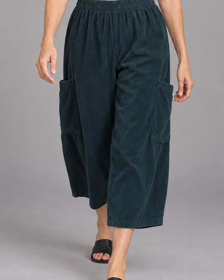 Bryn Walker Pasha Pant in Lyrebird, granada corduroy, detail view on model