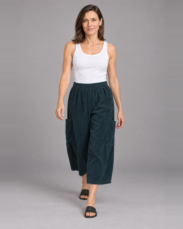Bryn Walker Pasha Pant in Lyrebird, granada corduroy, front view on model