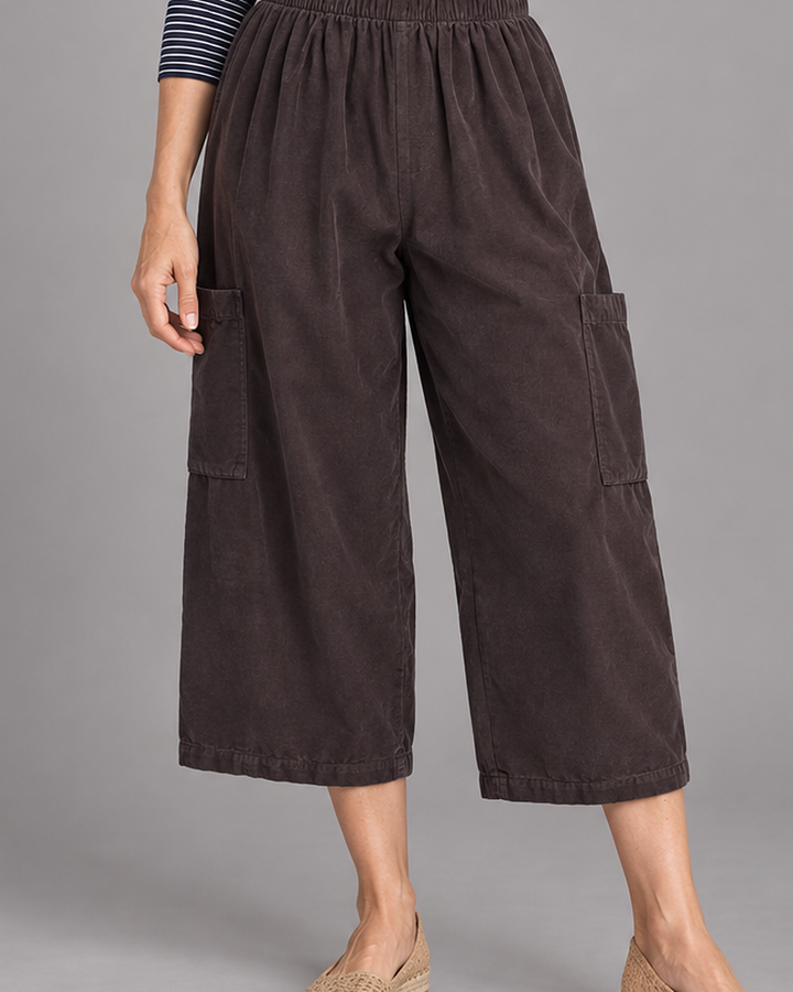 Bryn Walker Pasha Pant in Terrapin, granada corduroy, detail view on model