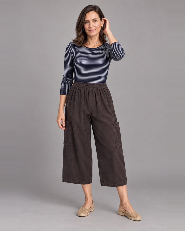 Bryn Walker Pasha Pant in Terrapin, granada corduroy, front view on model