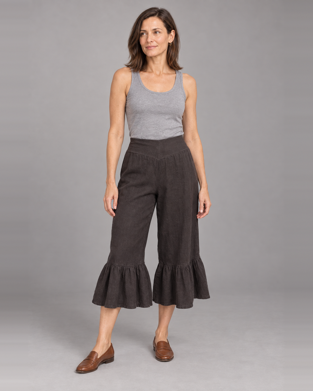 Bryn Walker Ruffle Pant in Terrapin, light linen, front view on model