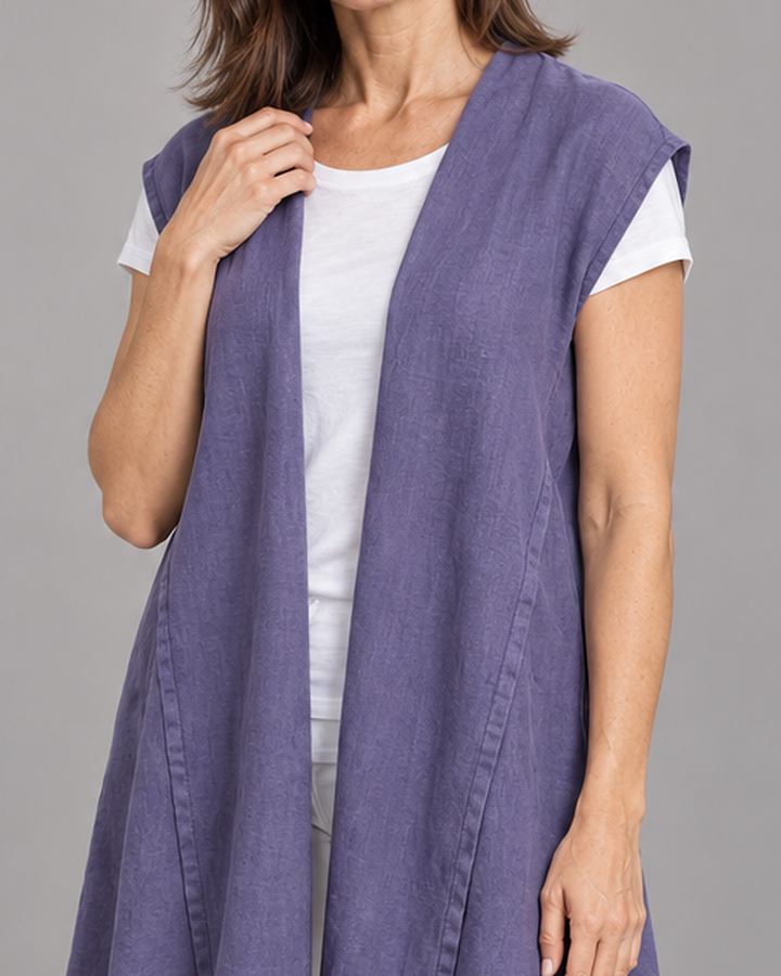 Bryn Walker Marcella Vest in Hortensia, heavy linen, detail view on model