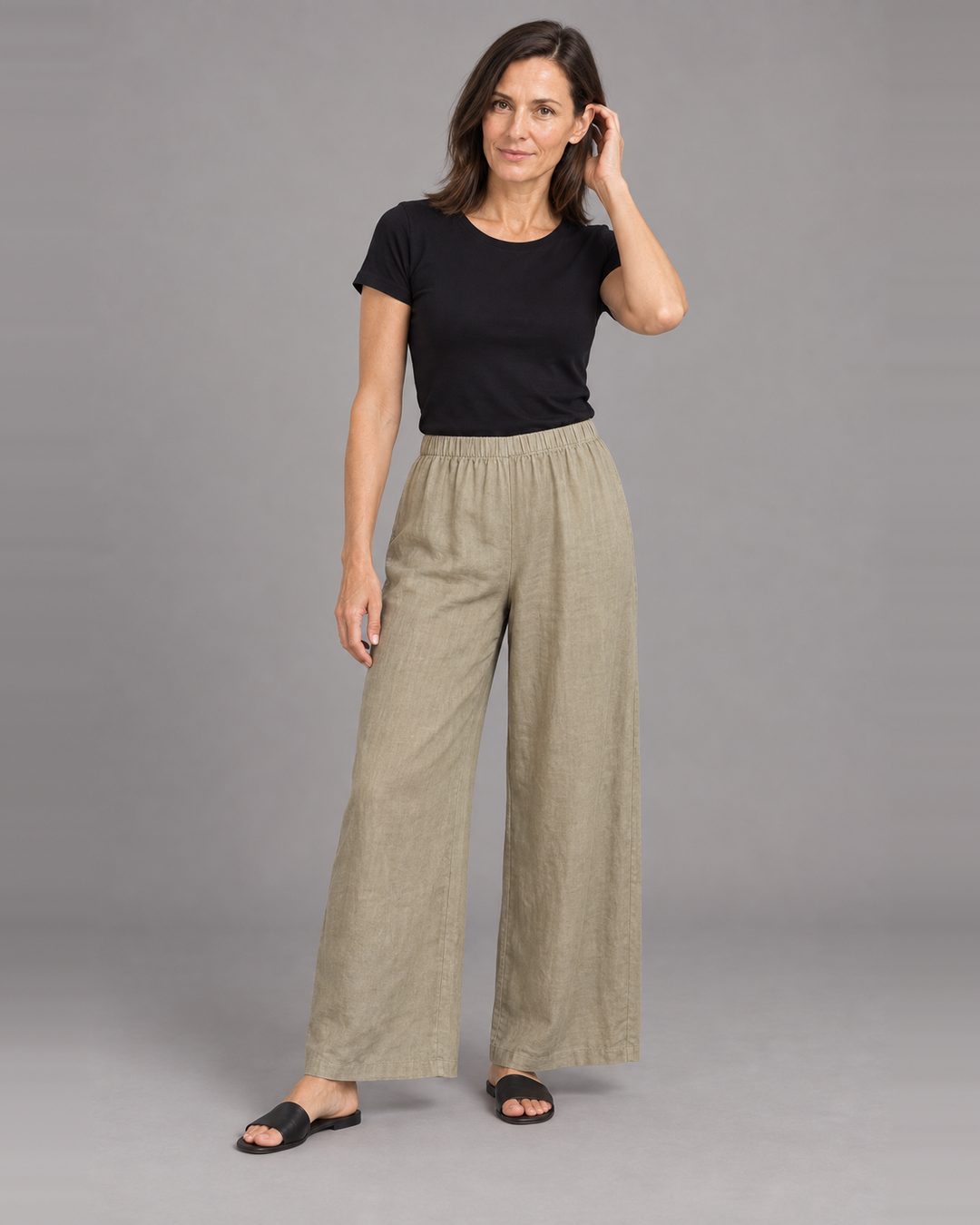 Bryn Walker Osca Pant in Viscacha, light linen, front view on model