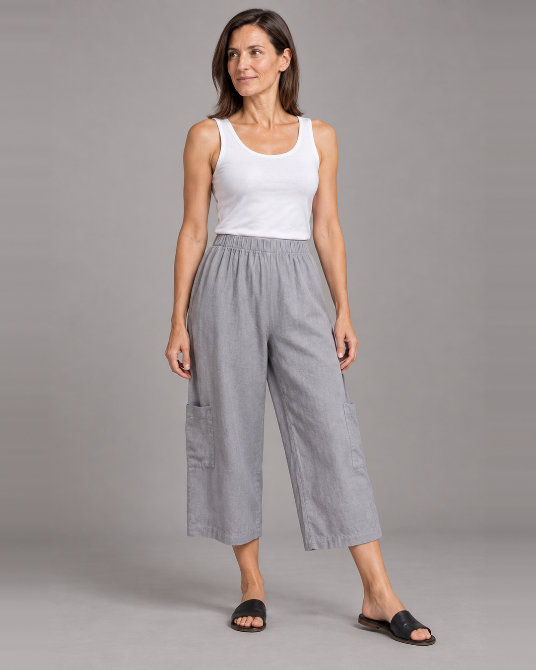 Bryn Walker Casbah Pant in Gable, light linen, front view on model