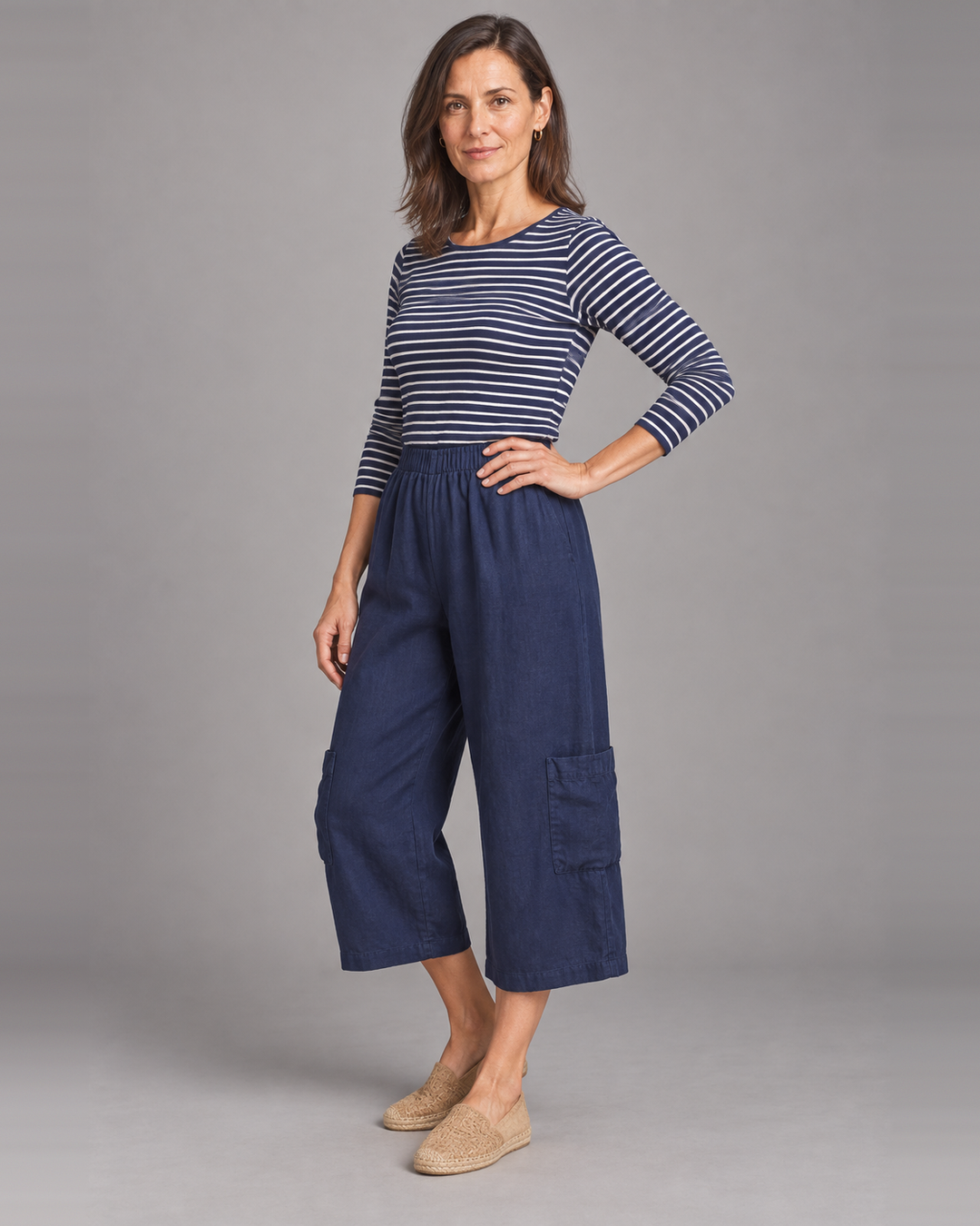 Bryn Walker Casbah Pant in Starlight, light linen, front view on model