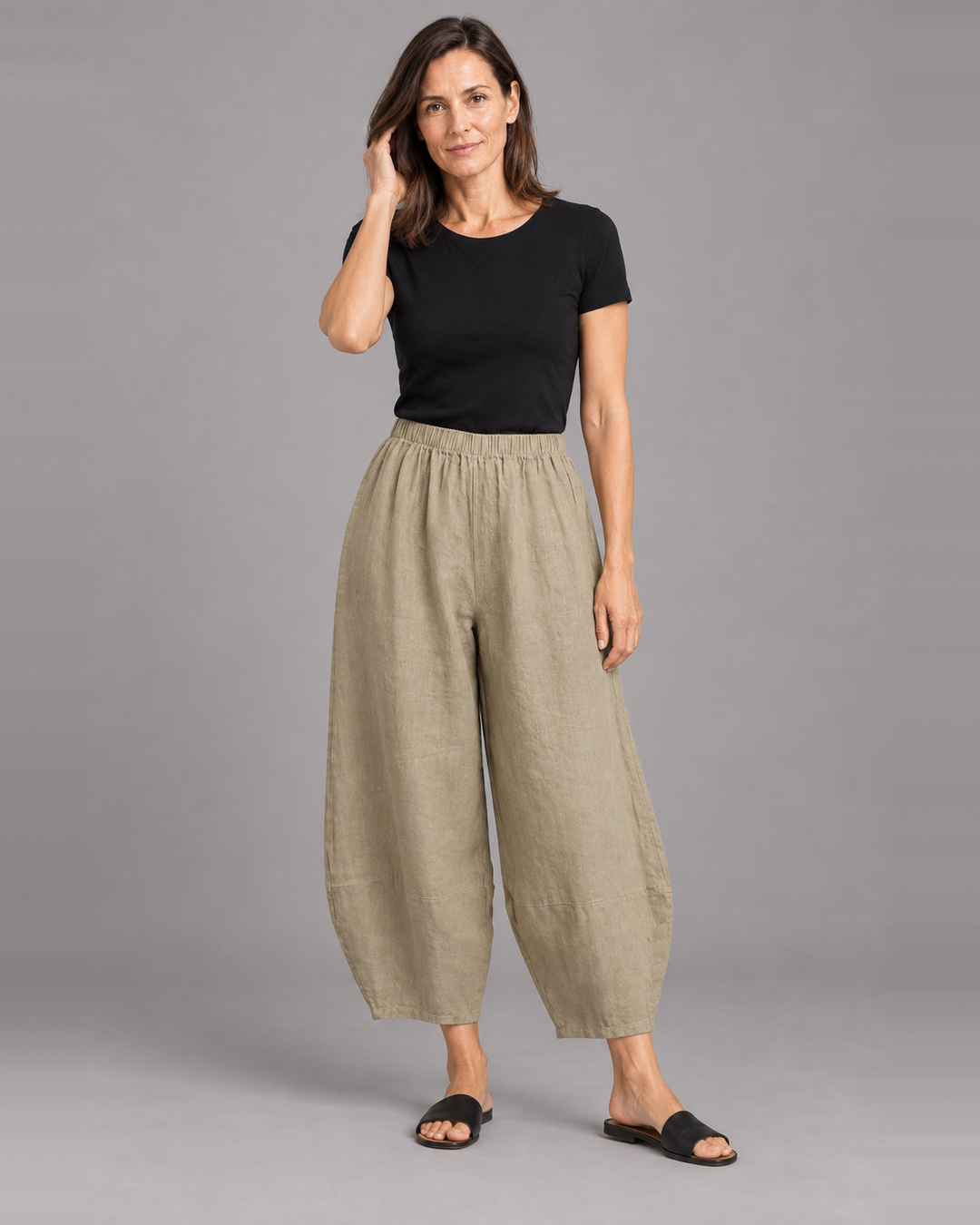 Bryn Walker Oliver Pant in Viscacha, light linen, front view on model