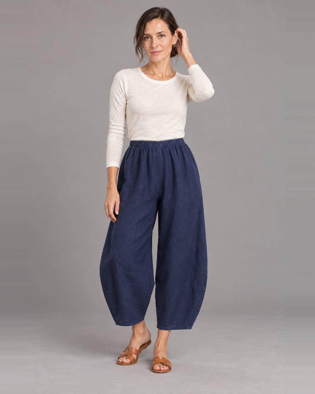 Bryn Walker Oliver Pant in Starlight, light linen, front view on model