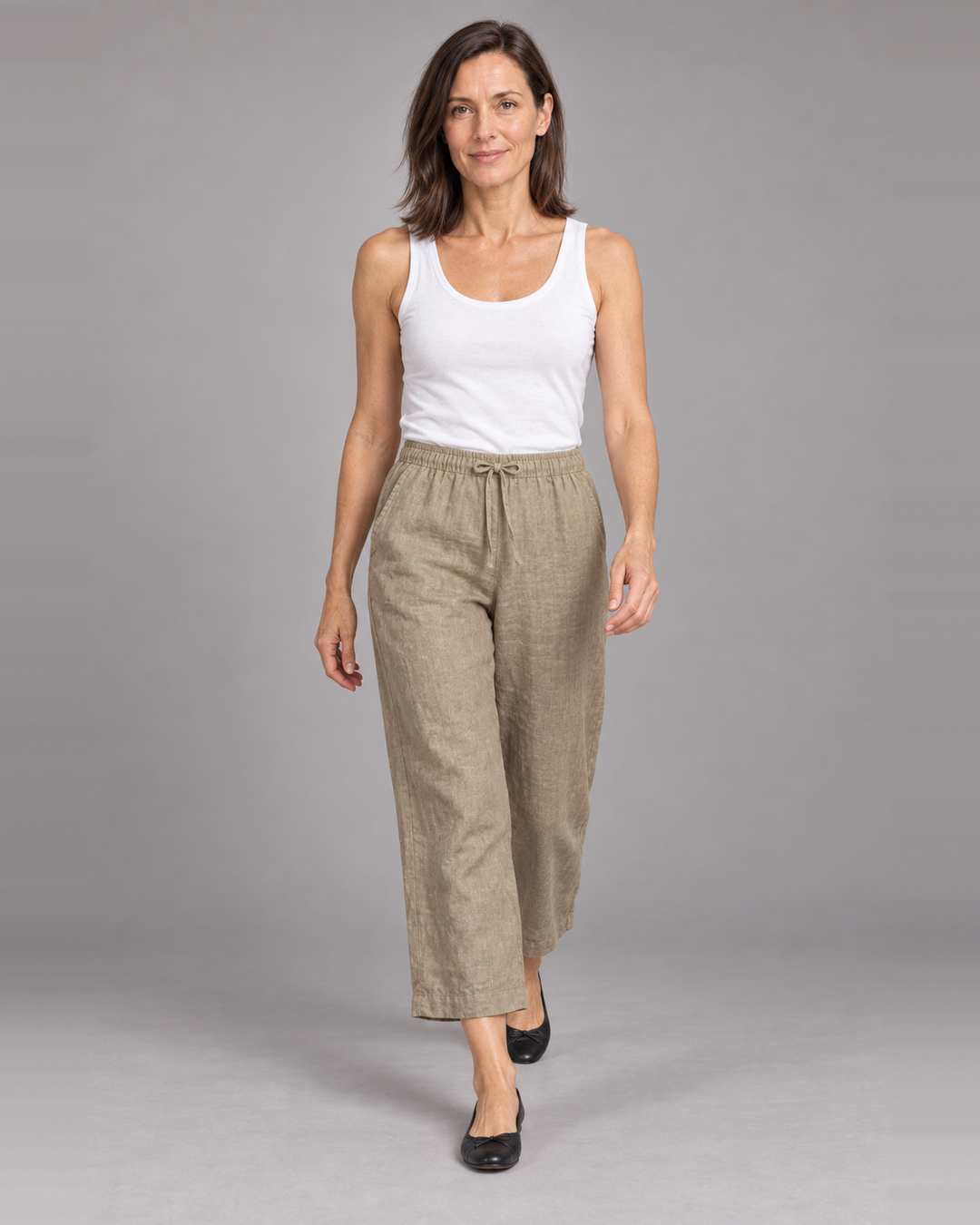 Bryn Walker Saba Pant in Viscacha, light linen, front view on model