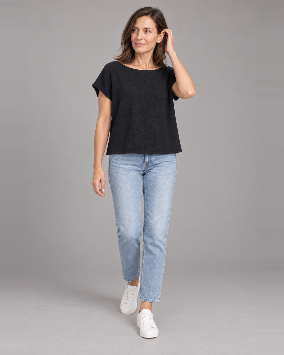Bryn Walker Bess Shirt in Black, cotton gauze, front view on model