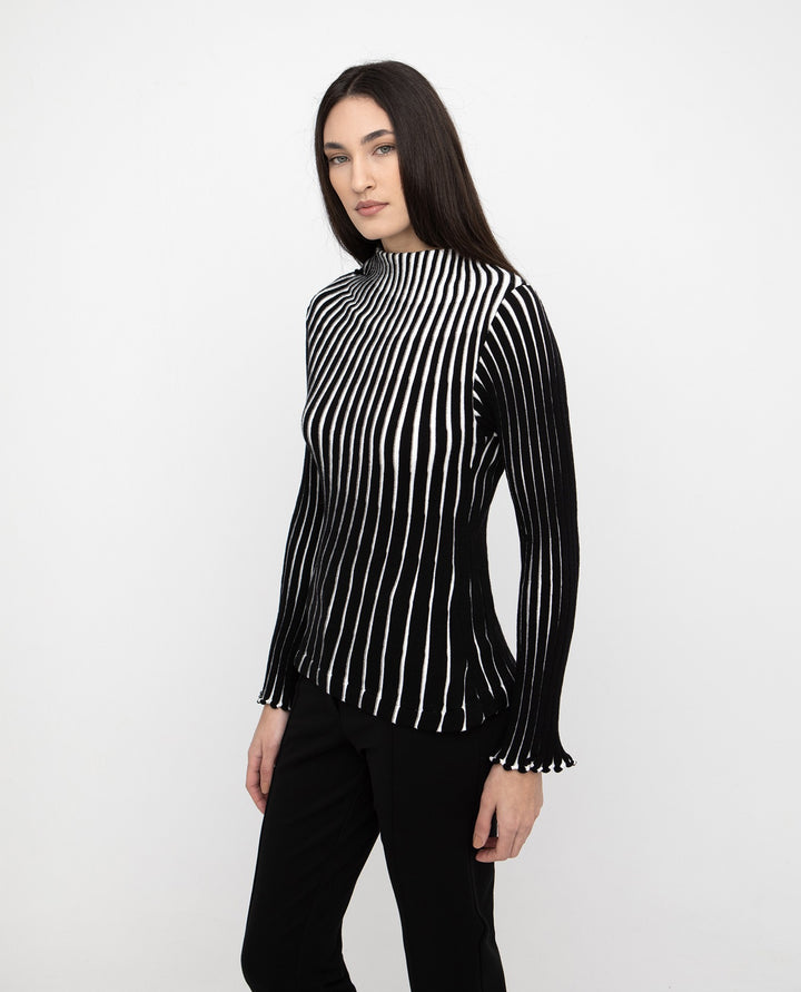 Ozai N Ku - Optic Stripe Sculpted Mock-Neck Top